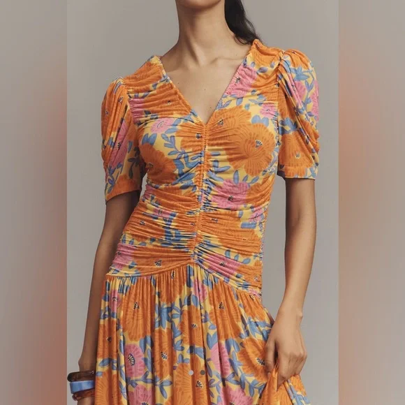 FARM Rio X Anthropologie short sleeve v neck ruched midi dress - Picture 5 of 14